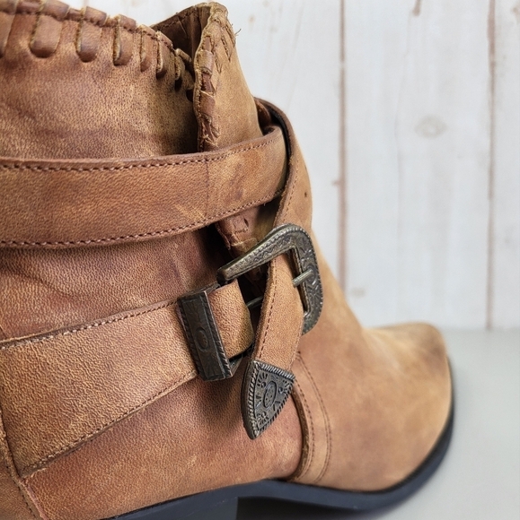 Dingo Western Boho 90's Leather Buckle Ankle Cowgirl Heeled Booties Brown 7M - Picture 5 of 16